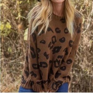 Wooden Ships Brown Leopard-Print Knit Sweater
